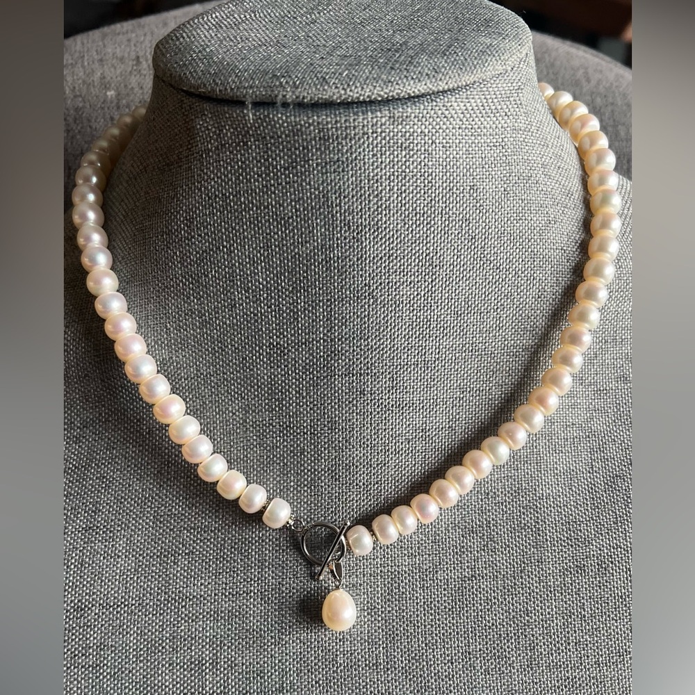IPS Sterling Button Pearls Necklace Round Toggle White Fresh Water Dangle Pearl